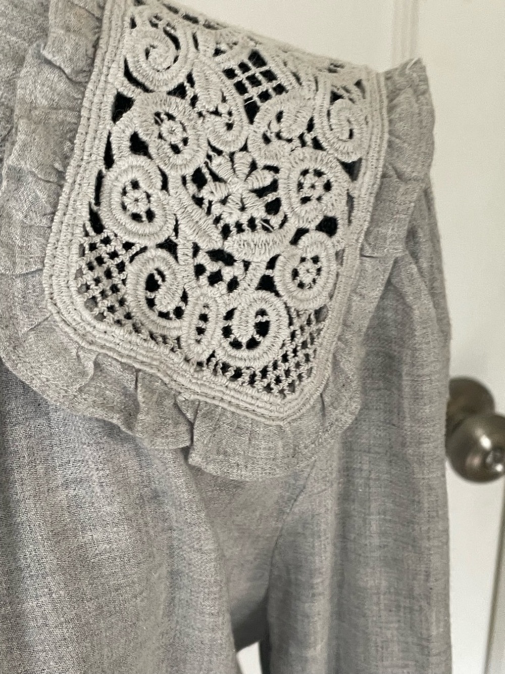 LOFT Light Grayish green Button Placket Top with Crochet Shoulder Panels - Picture 3 of 6